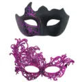 Schwarzes und magentafarbenes Spitzen Masken Set, sexy Halbgesicht Requisiten für Party. - Phönix Mehrhorn Set - Einäugig Lila