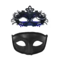 Paare Masken Set für Maskenball schwarz Metall Strass Schmetterling Party Augenmaske - Schwarz Blau Set