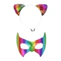 Serre-tête oreilles de chat à sequins arc-en-ciel et masque PVC accessoires de fête - Ensemble Multicolore 1