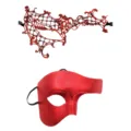 Rood Halfgezicht Masker Set Koppel Venetiaans Kant en Glad Fantoom Feest Oogmasker - Stel set / 2-delige set / Rood