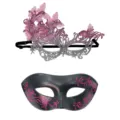 Masquerade mask set, pink butterfly lace mask and black glitter half face mask for party. - Butterfly Lace and Painted Mask / Pink