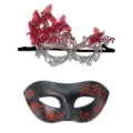 Masquerade lace and black glitter half face masks set for Halloween party costume. - Butterfly Lace and Painted Mask / Red