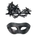 Black lace butterfly and glitter masquerade masks set for Halloween party costume wear. - Butterfly Lace and Painted Mask / Black