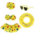 Niedliches gelbes gepunktetes Haustier Bikini Set mit Herzsonnenbrille und Glitzer Schwimmring. - Polka-Dot-Stil Set / Fünfteilige Bekleidung (Inklusive Ring Sonnenbrille)