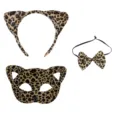 Leopard print cat costume set including ear headband, mask and bow tie for Halloween party. - Flat Cat (No Whiskers) Style / Three-Piece Set