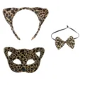 Leopard print cat costume set featuring 3D ears headband, mask and bow tie for cosplay. - Flat Cat (With Whiskers) Style / Three-Piece Set