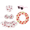 Niedliches Haustier Sommer Bikini Set mit Fruchtmuster Hut Rock Sonnenbrille und Schwimmring. - Erdbeer-Stil (Kirschen-Set) / Fünfteilige Bekleidung (Inklusive Ring Sonnenbrille)
