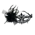 Schwarze Spitzen Maske mit Federn und Strass für Damen Fasching Karneval Kostüm Party. - Strass-Spitze mit seitlicher Blume - Schwarz