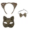 Leopard print cat costume set with cute cat ear headband, mask and bow tie party - Stereo Cat (No Whiskers) Style / Three-Piece Set