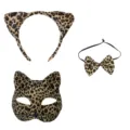 Leopard print cat costume set including headband, mask and bow tie for party cosplays. - Stereo Cat (With Whiskers) Style / Three-Piece Set