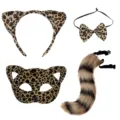 Leopard print cat woman costume set including ears headband, bow tie, mask and fluffy tail for party - Flat Cat (No Whiskers) Style / Four-Piece Set