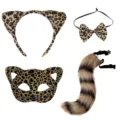Leopard print cat costume set with ear headband, bow tie, mask, and fluffy tail for party. - Flat Cat (With Whiskers) Style / Four-Piece Set