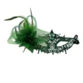 Dunkelgrüne Spitzen-Maskerade-Maske mit seitlicher Blume und Federn für elegante Partys. - Seitliche Blume Strass Spitze-Grün