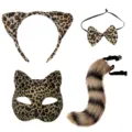 Leopard print cat ear headband bow tie mask and tail set for Halloween cosplay party. - Stereo Cat (No Whiskers) Style / Four-Piece Set