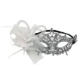 Venezianische Spitzen-Maskenballmaske mit weißer Seitenblüte, Strasssteinen für Party, sexy Augenmaske. - Seitliche Blume Strass Spitze-Silber