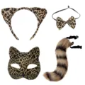 Leopard print cat costume set with ears headband bow tie mask and fluffy tail for party. - Stereo Cat (With Whiskers) Style / Four-Piece Set