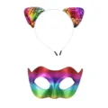 Ensemble serre-tete chat a paillettes colorees et masque PVC arc-en-ciel pour soirees fetes. - Ensemble Multicolore 2
