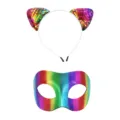 Serre-tête oreilles de chat à sequins arc-en-ciel et masque métallique de fête. - Ensemble Multicolore 3
