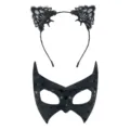 Ensemble masque demi-visage à paillettes noires et serre-tête chat en dentelle. - Masque de Chauve-souris en PVC à Paillettes et Serre-tête de Chat