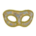 Carnavalsmasker, grijze stof met goudprint en gevlochten rand, half gezicht voor feest. - Wit (Upgrade Versie)