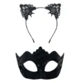 Ensemble serre-tête oreilles de chat en dentelle noire et masque à paillettes fête - Masque Vague en PVC à Paillettes et Serre-tête de Chat