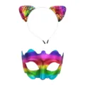 Ensemble serre-tête oreilles de chat à sequins et masque arc-en-ciel pour fête et costume. - Ensemble Multicolore 4