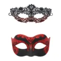Paar Maskenball Maske Set Schwarze Spitze und Rote Glitzer Venedig Party Augenmasken Kostüm - Rotes Set
