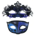 Paar Masken Set, Metall Schmetterling Strass Maske und glitzernde Party Augenmaske. - Blau 2-Teiliges Set