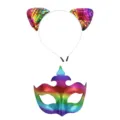 Ensemble serre-tête oreilles de chat à sequins et masque PVC pour fête et spectacle. - Ensemble Multicolore 5