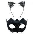 Ensemble serre-tête oreilles de chat en dentelle et masque à sequins noirs de fête. - Masque Pétale en PVC à Paillettes et Serre-tête de Chat