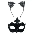 Ensemble serre-tete oreilles de chat en dentelle noire et masque de bal venetien a sequin. - Masque Flèche en PVC à Paillettes et Serre-tête de Chat