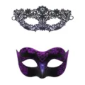 Maskerade masker set, zwarte kant en paarse glitters half gezicht masker voor Halloween. - Paarse Set