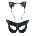 Ensemble serre-tête oreilles de chat en dentelle noire et masque à sequins fête. - Masque Visage de Chat en PVC à Paillettes et Serre-tête de Chat