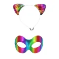 Set de serre-tete oreilles chat sequins arc-en-ciel et masque PVC colore de fete. - Ensemble Multicolore 8