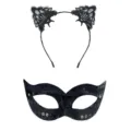 Ensemble serre-tête oreilles de chat en dentelle noire et masques à sequins pour fête. - Masque Beauté en PVC à Paillettes et Serre-tête de Chat