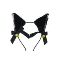 Cerchietto per capelli con orecchie di gatto in peluche nero con fiocco e campanello. - Nero