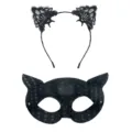 Ensemble serre-tête oreilles de chat en dentelle et masque à paillettes pour fête - Masque Chat Rond en PVC à Paillettes et Serre-tête de Chat