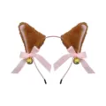 Cerchietto con orecchie da gatto in morbido peluche marrone con fiocchi rosa e campanelli. - Marrone