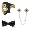 Maskenball Set mit Halbmaske, eleganter Fliege und gotischer Kreuz Broschen mit Kette. - Schwarz 3-Teiliges Set