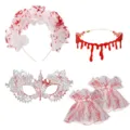Halloween serre-tête rose sanglante masque dentelle collier et manichettes costume fête - Ensemble Serre-tête Sanglant