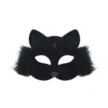 Black plush half-face cat fox mask with faux fur for Halloween costume party dress up props. - Black Rhinestone