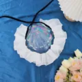 Multi-layer petal lace neck ruffles french scarf, blue iridescent shell decor for evening party. - White-Black Ribbon