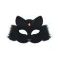Black plush cat fox mask with fluffy faux fur trim, amber gem and glossy nose for party cos. - Pink Zirconia
