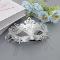 Silver masquerade mask with sparkling rhinestones and metal tassels for party props - Silver