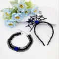 Halloween black lace spider web headband and choker necklace set with blue rose props. - Blue