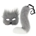 Masque de chat pelucheux gris et queue de renard pour accessoires de fete Halloween cosplay - Masque Et Queue / Style Gris