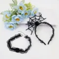 Halloween black lace spider web headband and choker necklace set, sexy party costume prop. - Black