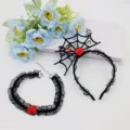 Halloween gotisches schwarzes spitze spinnennetz haarreif und choker set mit roter rose. - Rot