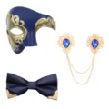 Maskenball Maske Fliege Brosche Set Party Kostüm Herren Gentleman Zubehör blau gold - Blau Set
