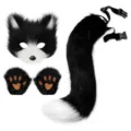 Zwart-witte nepbont kattenmasker, poothandschoenen en staart set voor Halloween cosplay. - Set 3